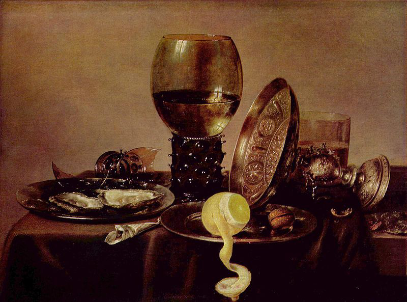 Still life with oysters, a rummer, a lemon and a silver bowl